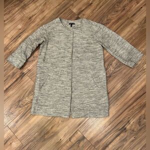 Eileen Fisher Ecru Gray Ivory Tweed Round Neck Jacket Sz M 3/4 Length Sleeves